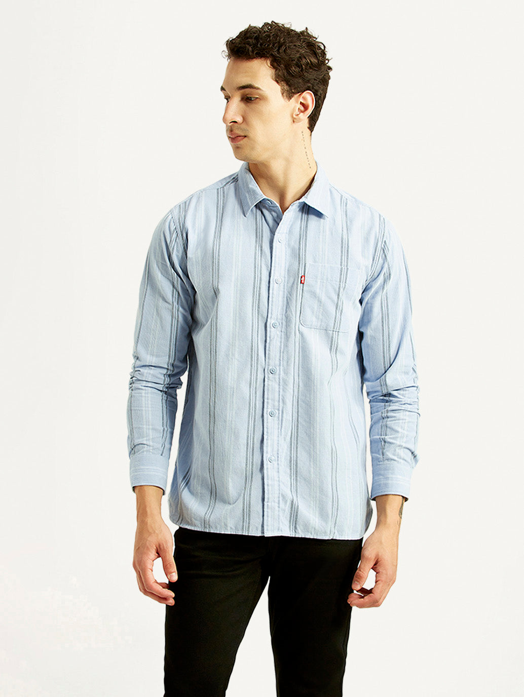Men's Striped Light Blue Slim Fit Shirt - Front View