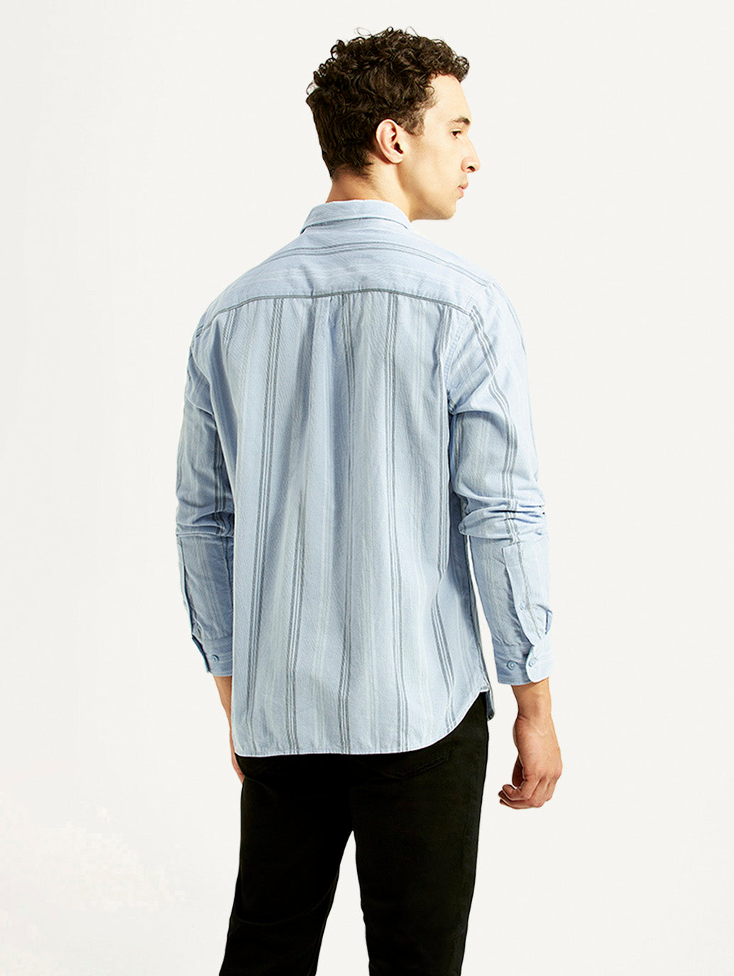 Men's Striped Light Blue Slim Fit Shirt - Back View