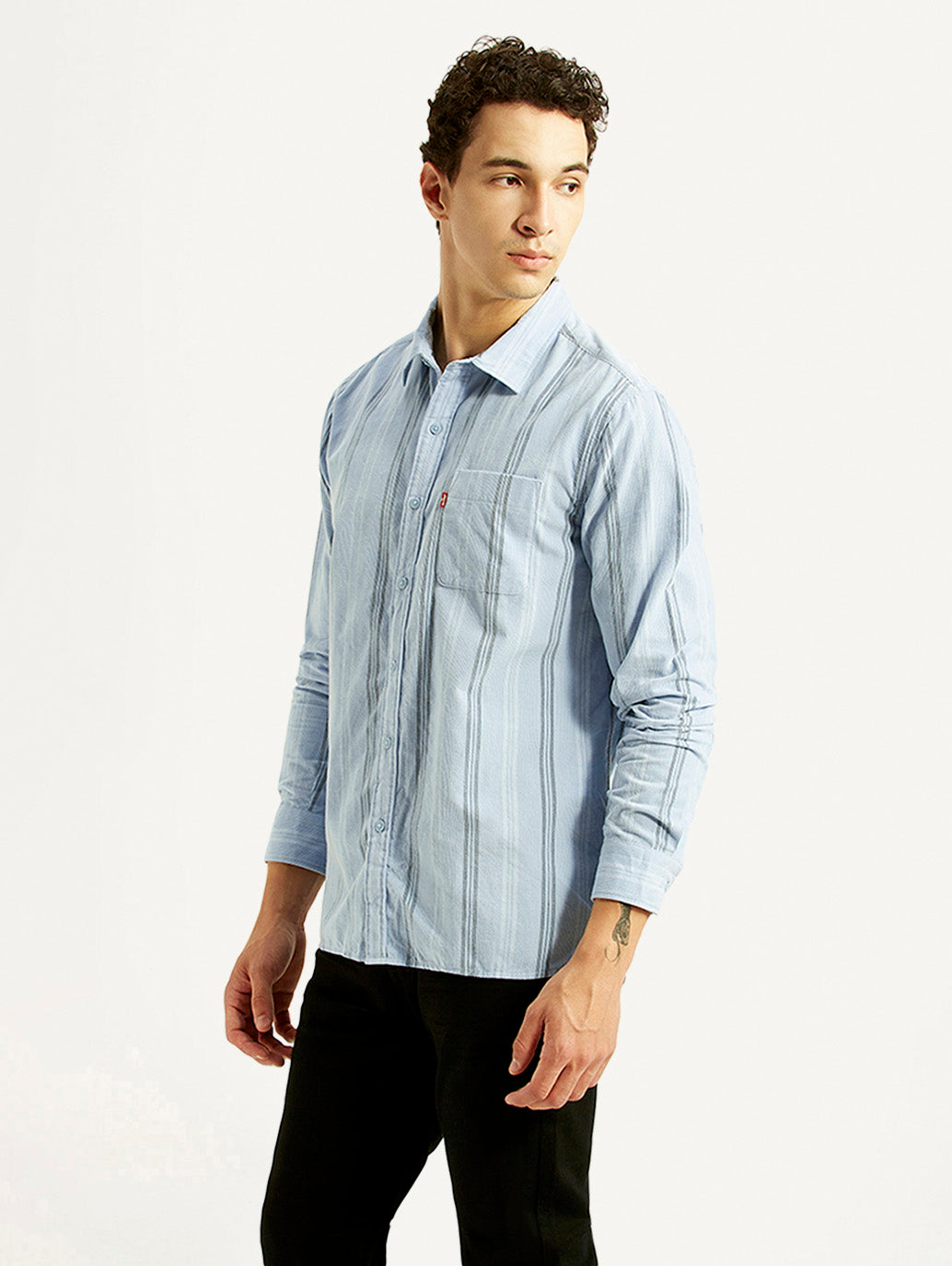 Men's Striped Light Blue Slim Fit Shirt - Side View