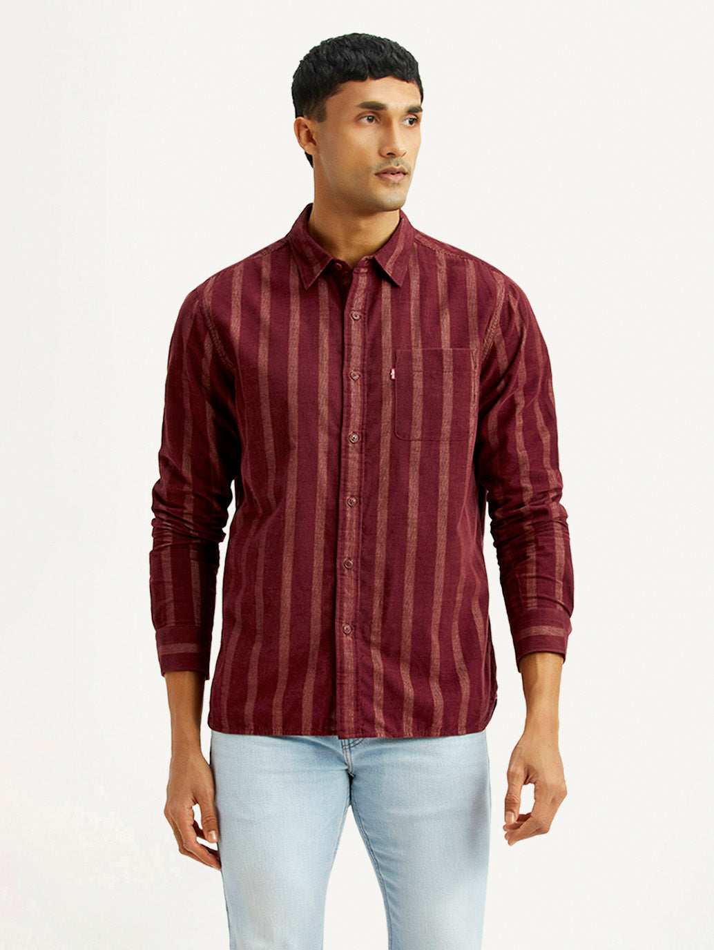 Men's Striped Maroon Slim Fit Shirt - Front View