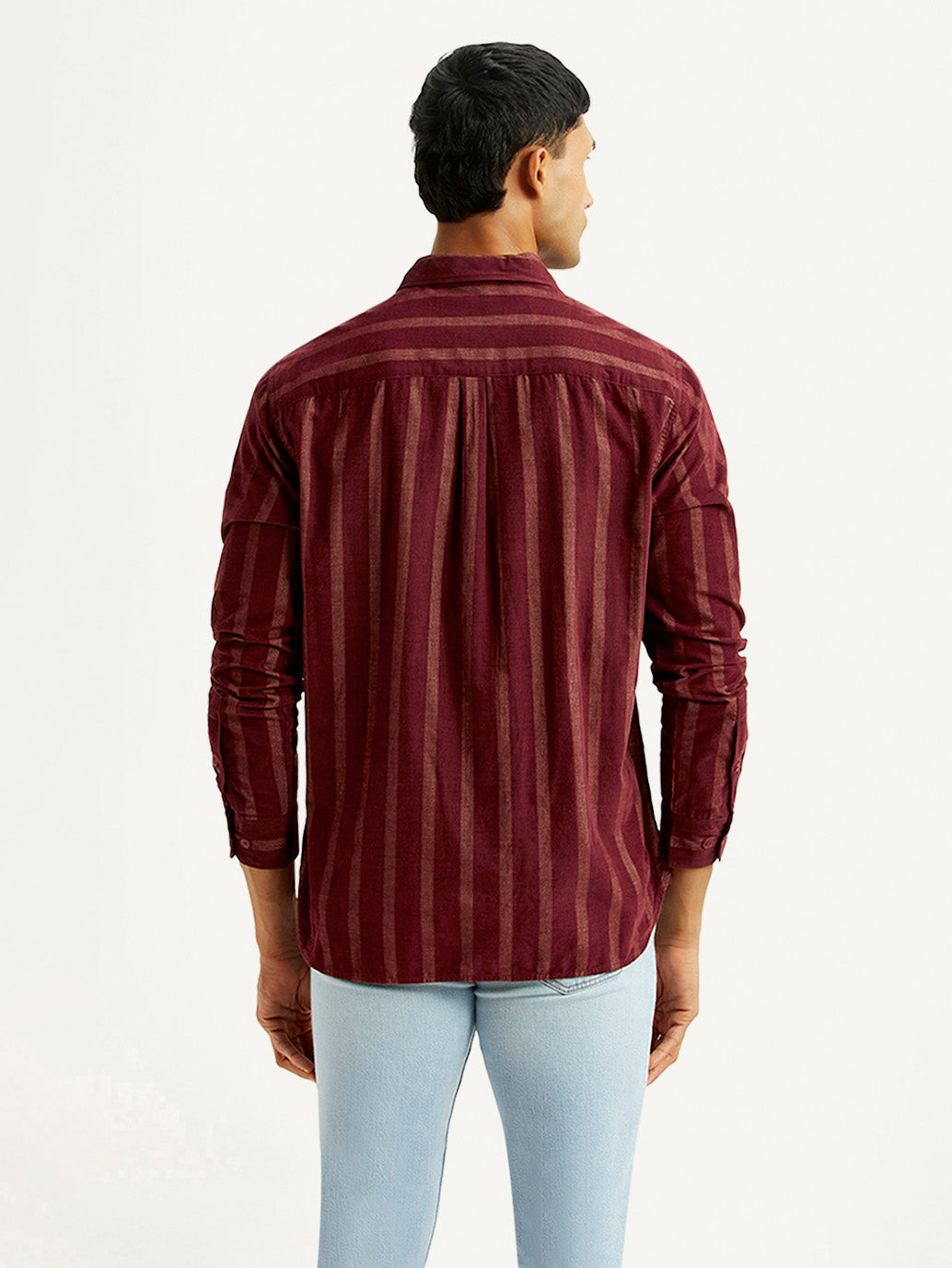Men's Striped Maroon Slim Fit Shirt - Back View