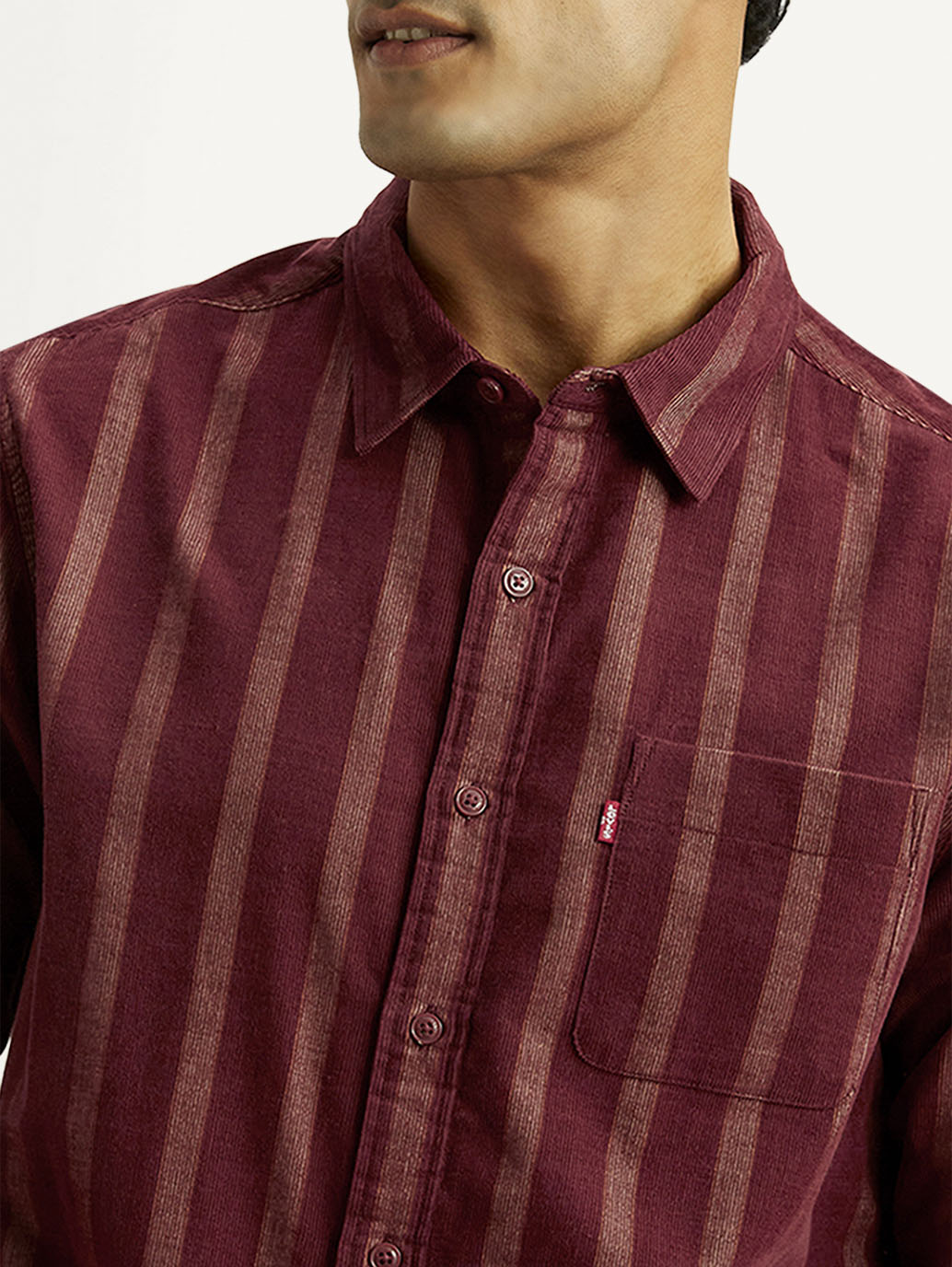 Men's Striped Maroon Slim Fit Shirt - Detail View
