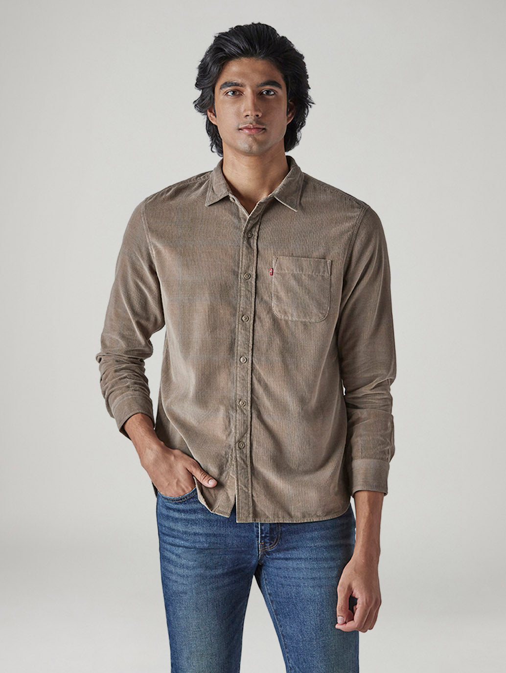Men's Solid Slim Fit Corduroy Shirt - Front View