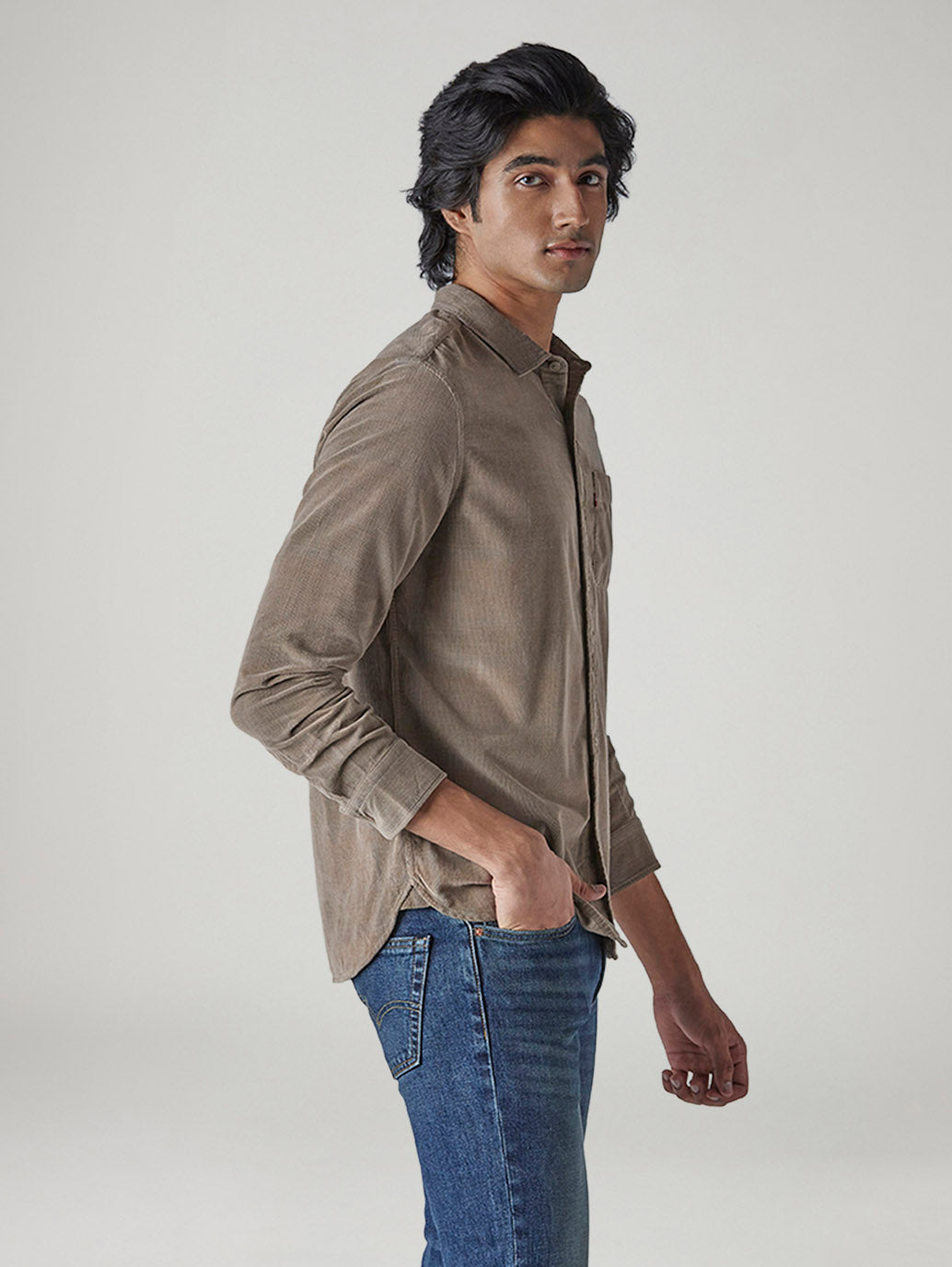 Men's Solid Slim Fit Corduroy Shirt - Side View
