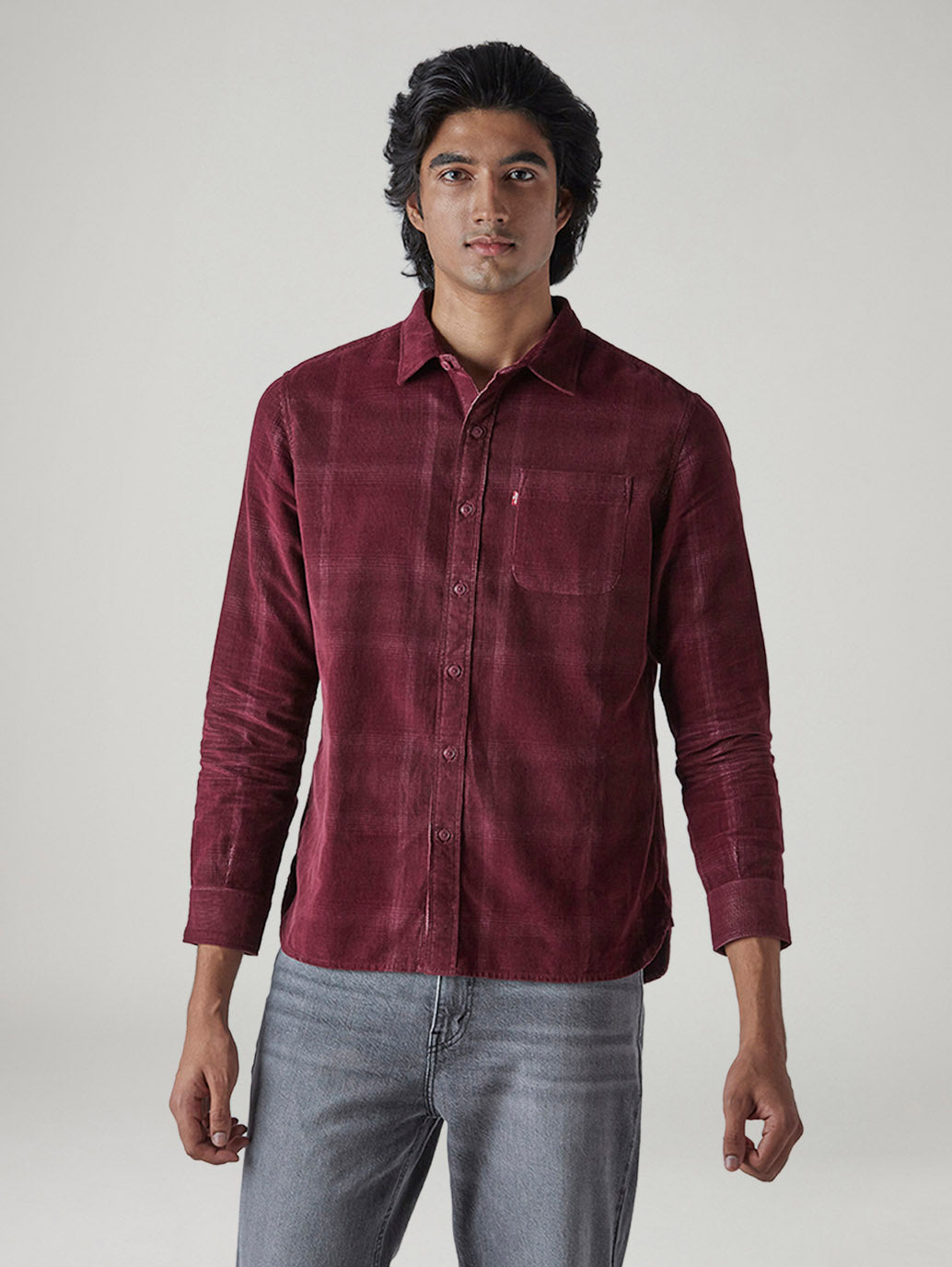 Men's Checkered Slim Fit Corduroy Shirt - Front View