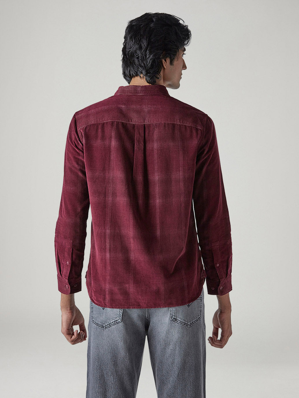 Men's Checkered Slim Fit Corduroy Shirt - Back View