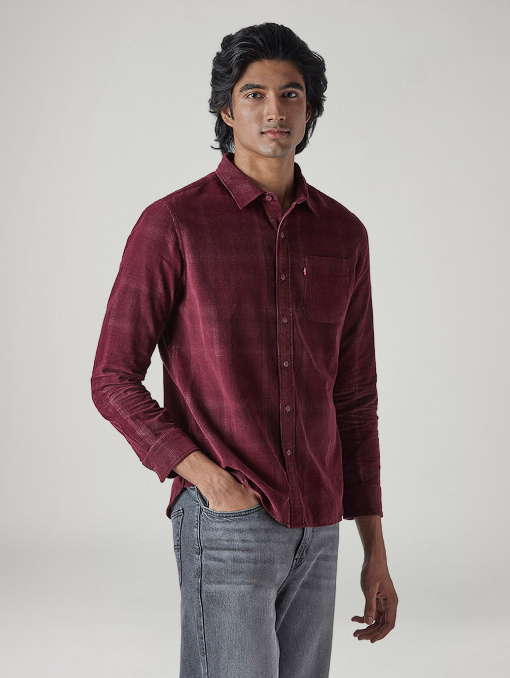 Men's Checkered Slim Fit Corduroy Shirt - Side View