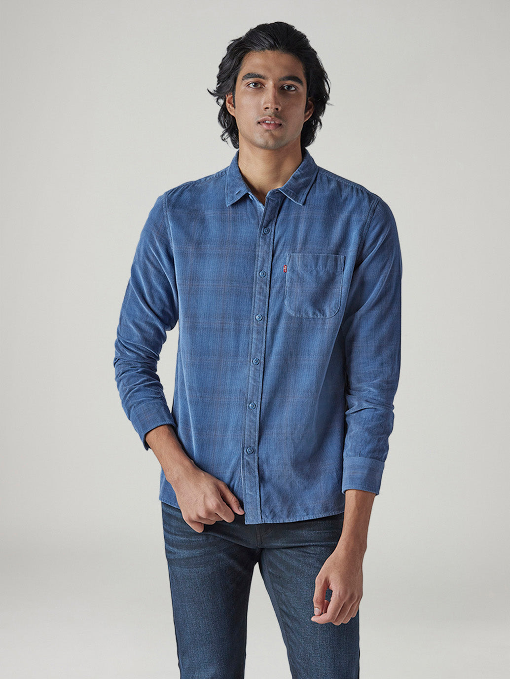 Men's Checkered Slim Fit Corduroy Shirt - Front View