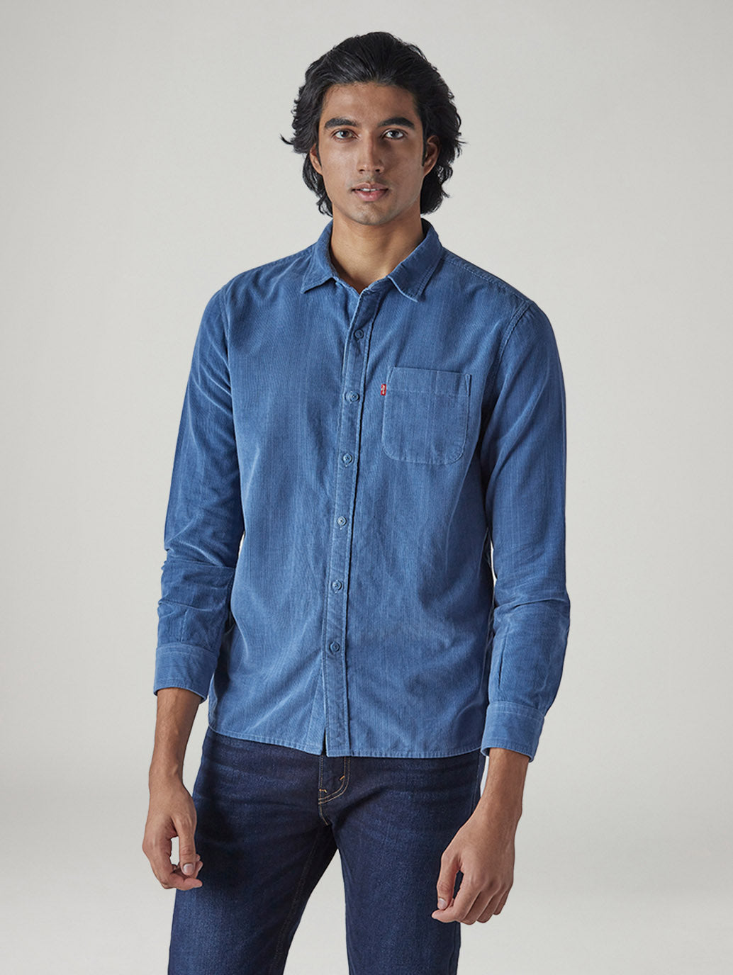 Men's Solid Slim Fit Corduroy Shirt - Front View