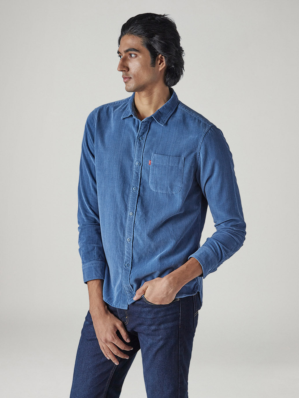 Men's Solid Slim Fit Corduroy Shirt - Side View