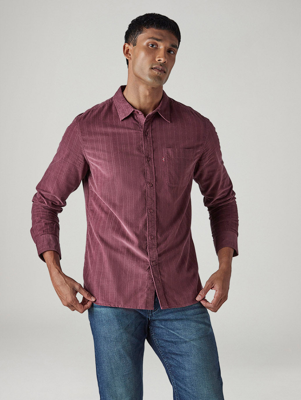 Men's Striped Slim Fit Corduroy Shirt - Front View
