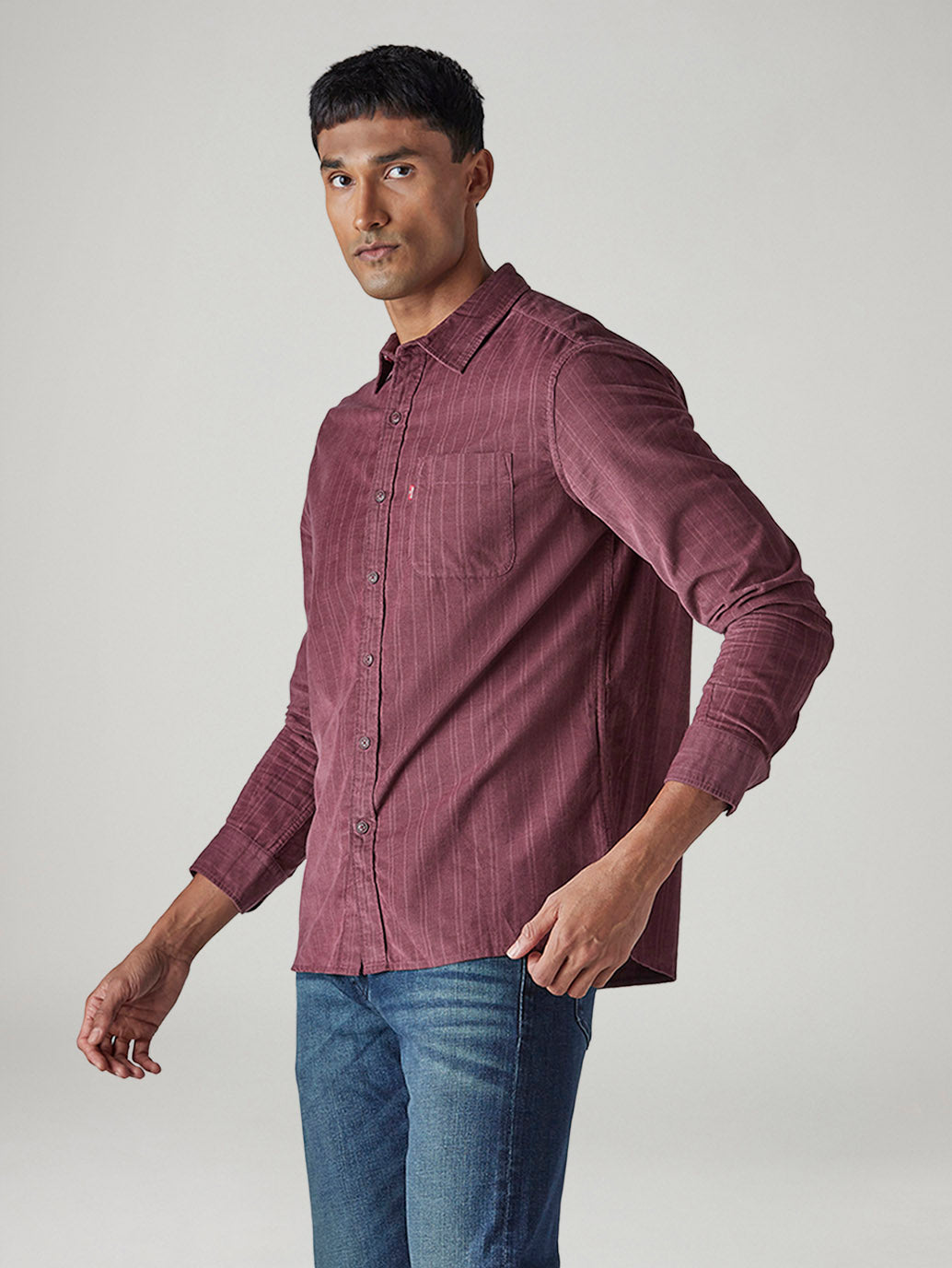 Men's Striped Slim Fit Corduroy Shirt - Side View