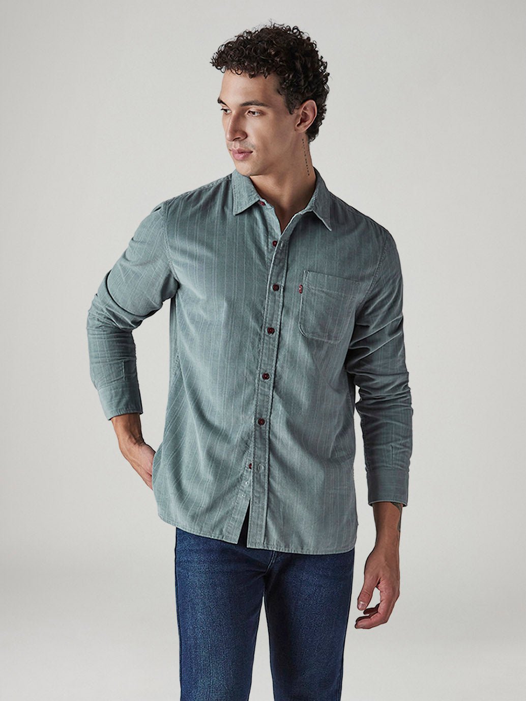 Men's Striped Slim Fit Corduroy Shirt - Styleshot View