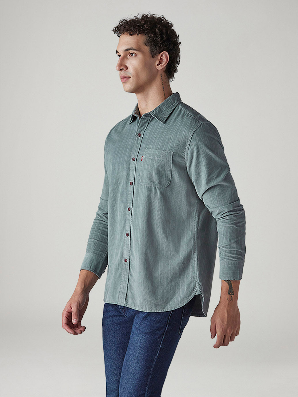 Men's Striped Slim Fit Corduroy Shirt - Side View