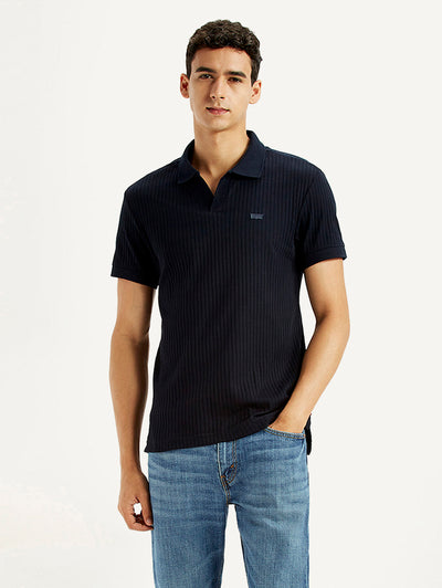 Men's Textured Black Slim Fit Polo T-shirt-image-36
