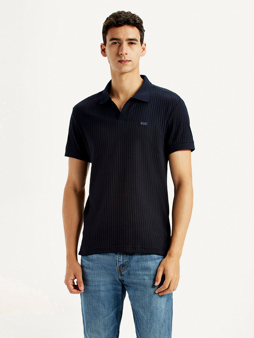 Men's Textured Black Slim Fit Polo T-shirt - Front View