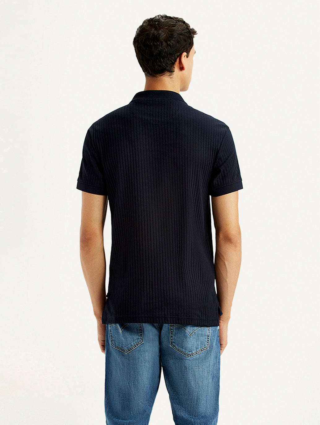 Men's Textured Black Slim Fit Polo T-shirt - Back View