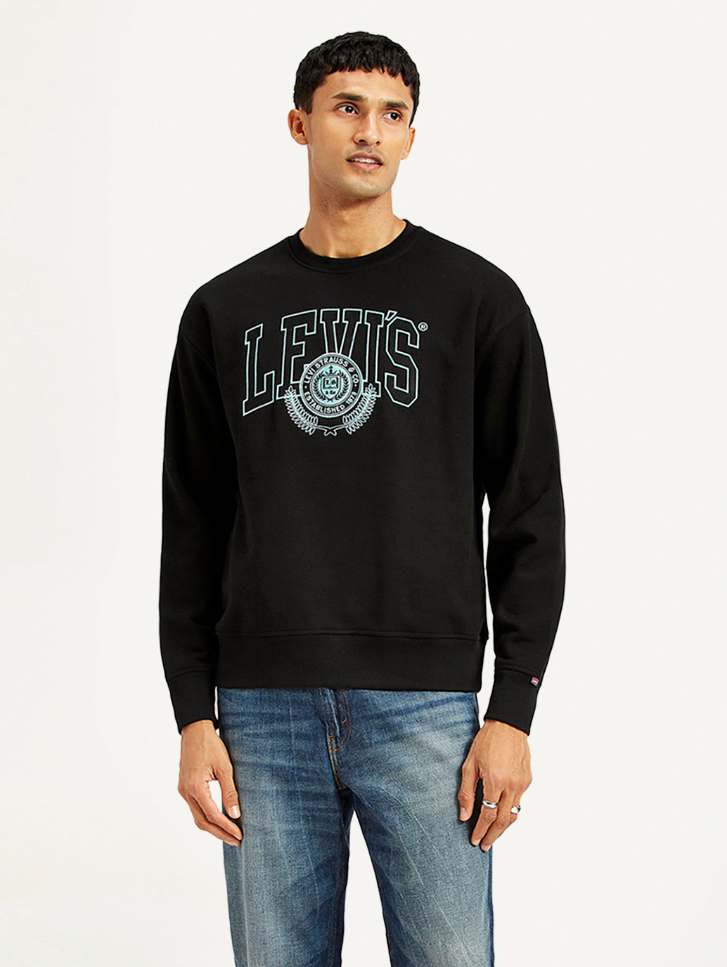 Men's Brand Logo Black Crew Neck Sweatshirt - Front View