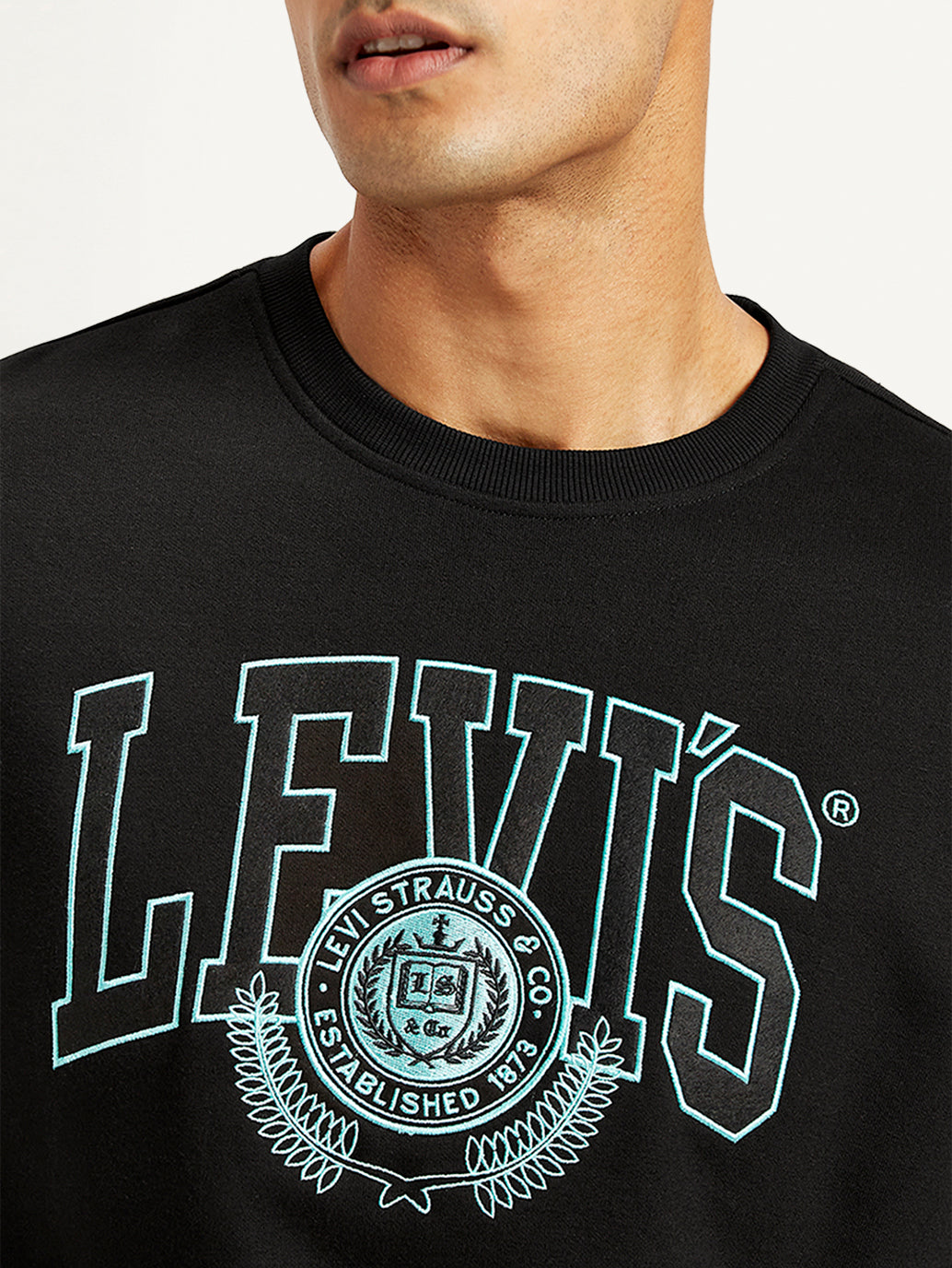 Men's Brand Logo Black Crew Neck Sweatshirt - Detail View