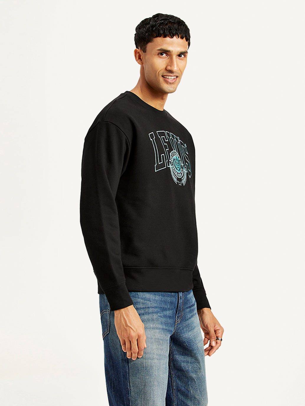 Men's Brand Logo Black Crew Neck Sweatshirt - Side View