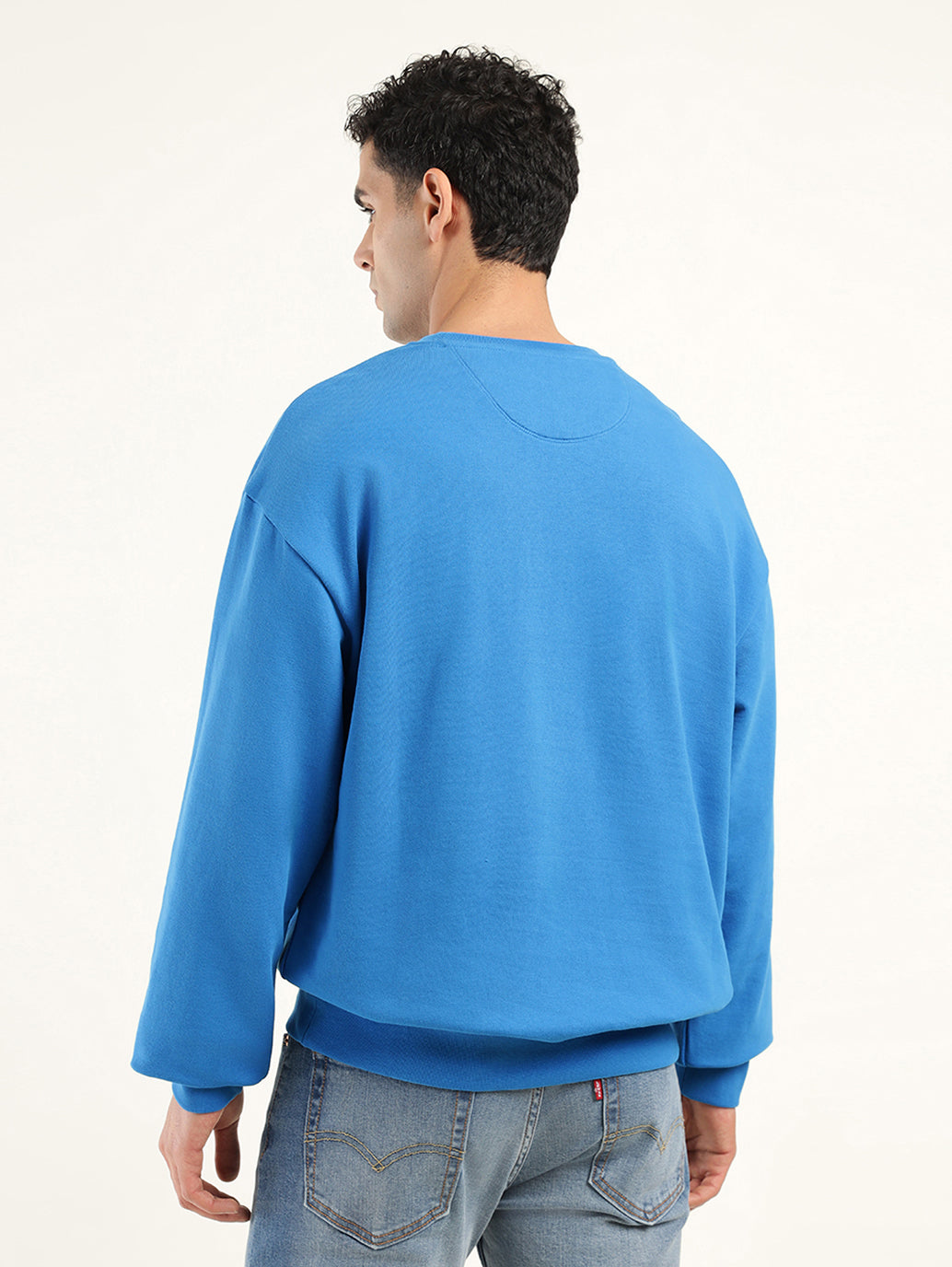 Men's Solid Dark Blue Crew Neck Sweatshirt - Back View