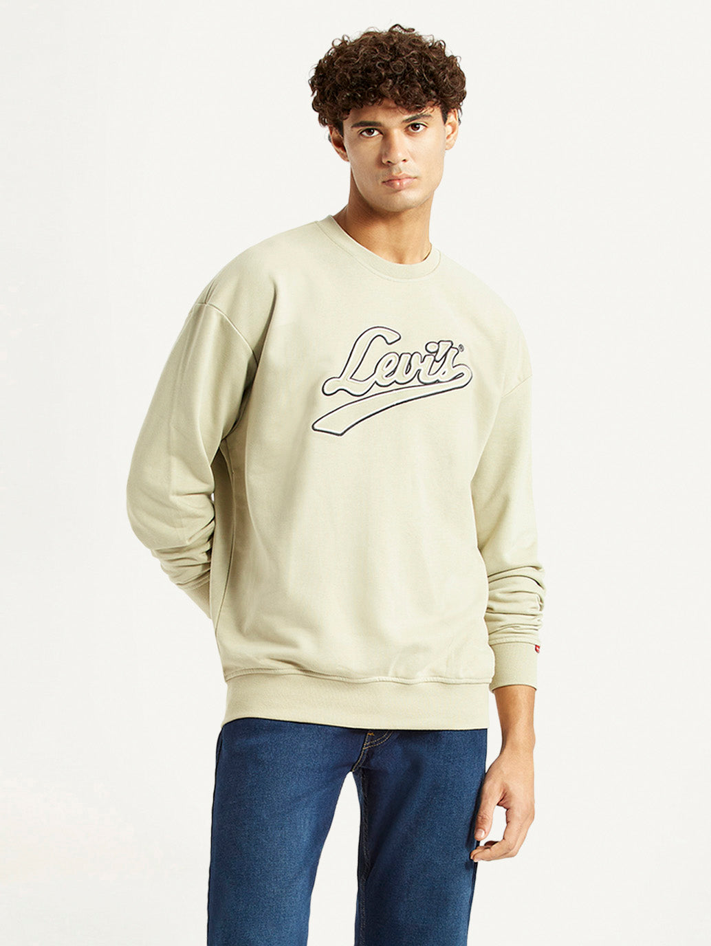 Men's Brand Logo Beige Crew Neck Sweatshirt - Styleshot View