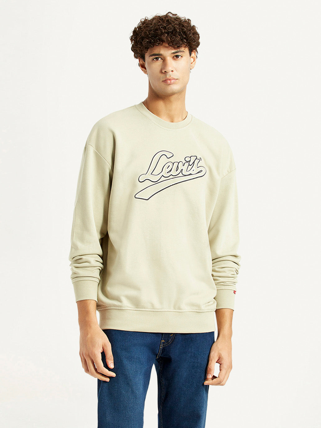 Men's Brand Logo Beige Crew Neck Sweatshirt - Front View
