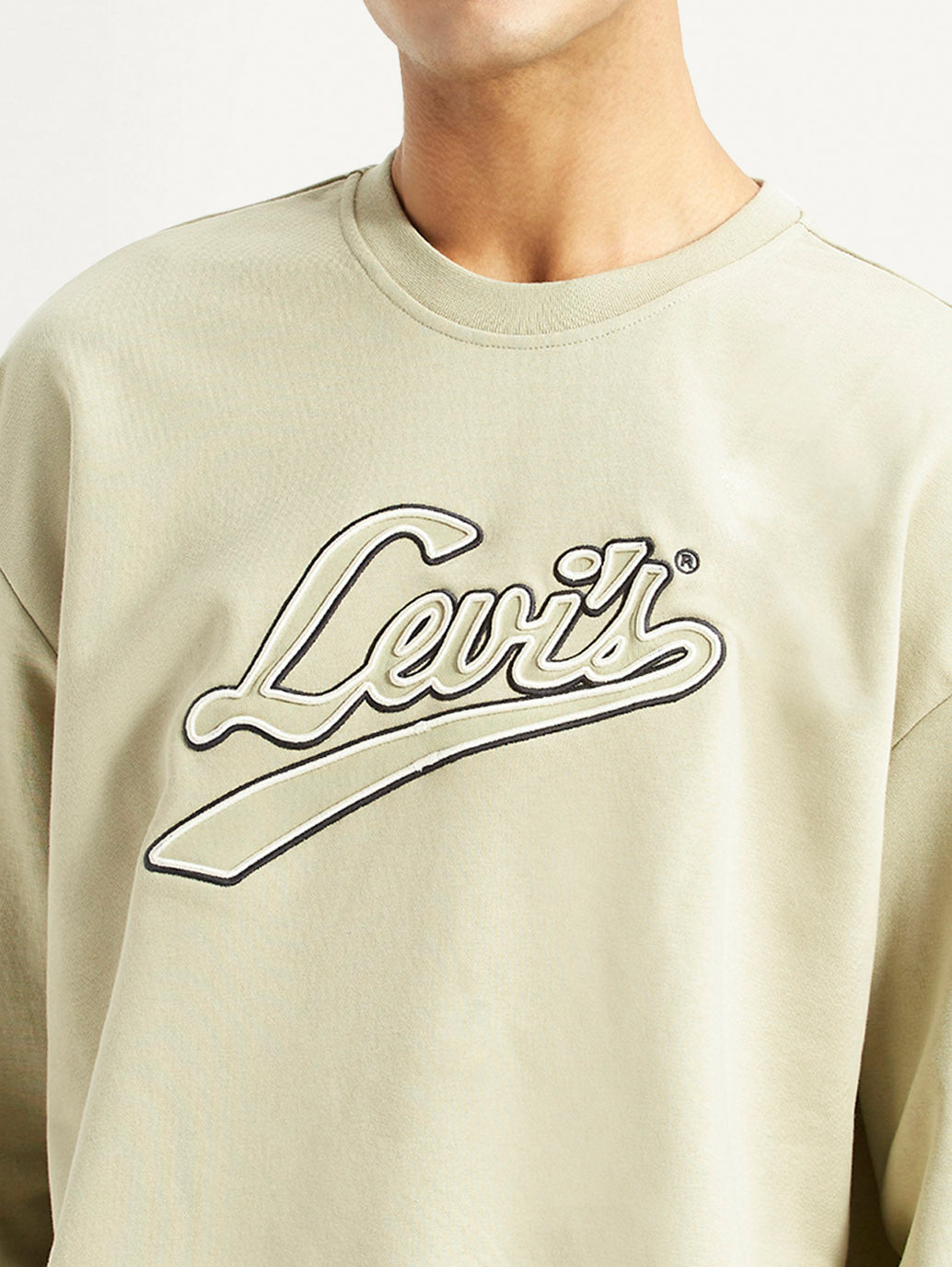 Men's Brand Logo Beige Crew Neck Sweatshirt - Detail View