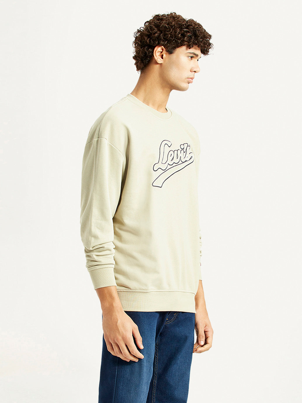 Men's Brand Logo Beige Crew Neck Sweatshirt - Side View