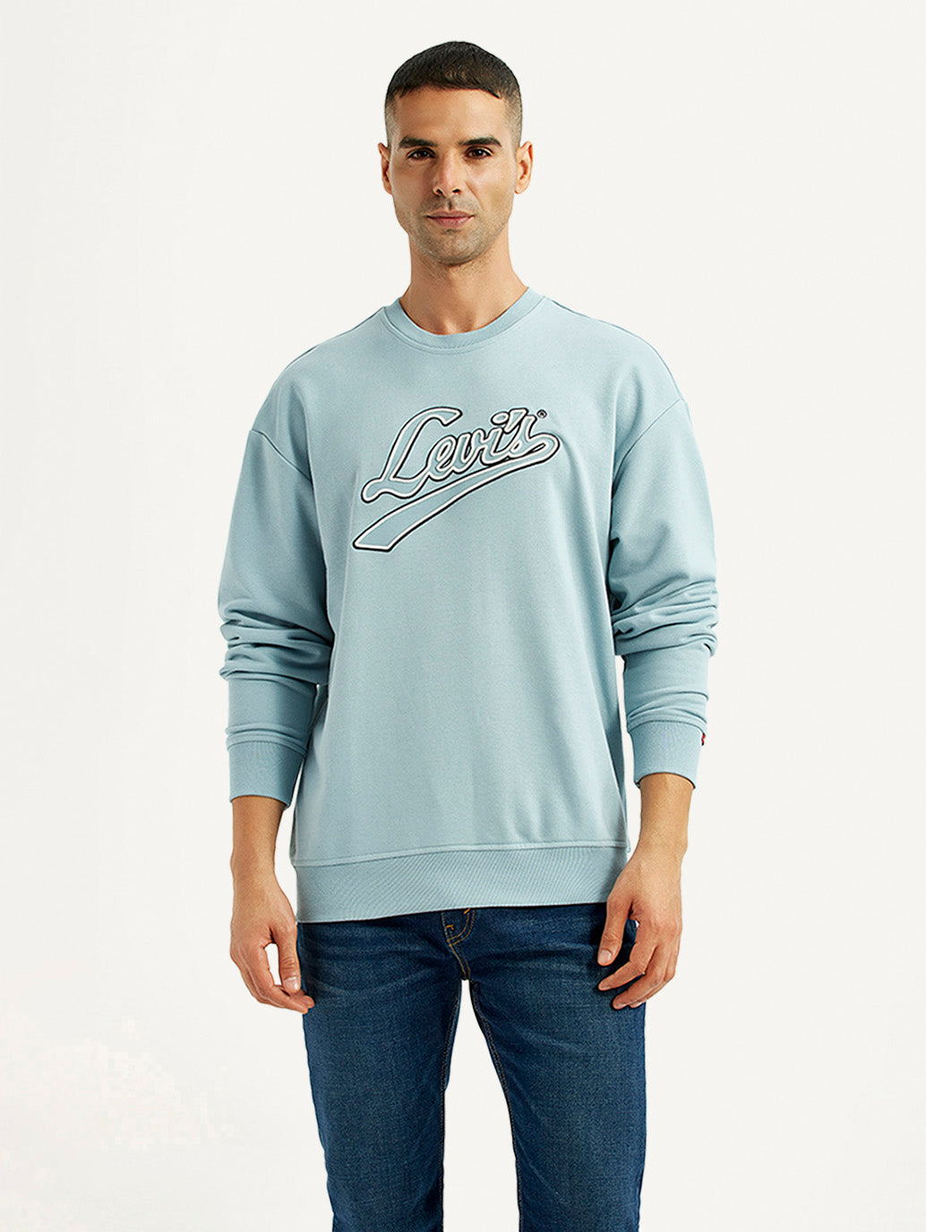 Men's Brand Logo Light Blue Crew Neck Sweatshirt - Front View