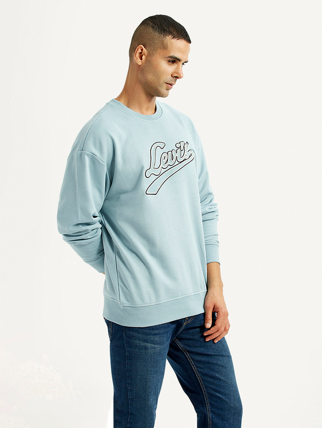 Men's Brand Logo Light Blue Crew Neck Sweatshirt - Side View