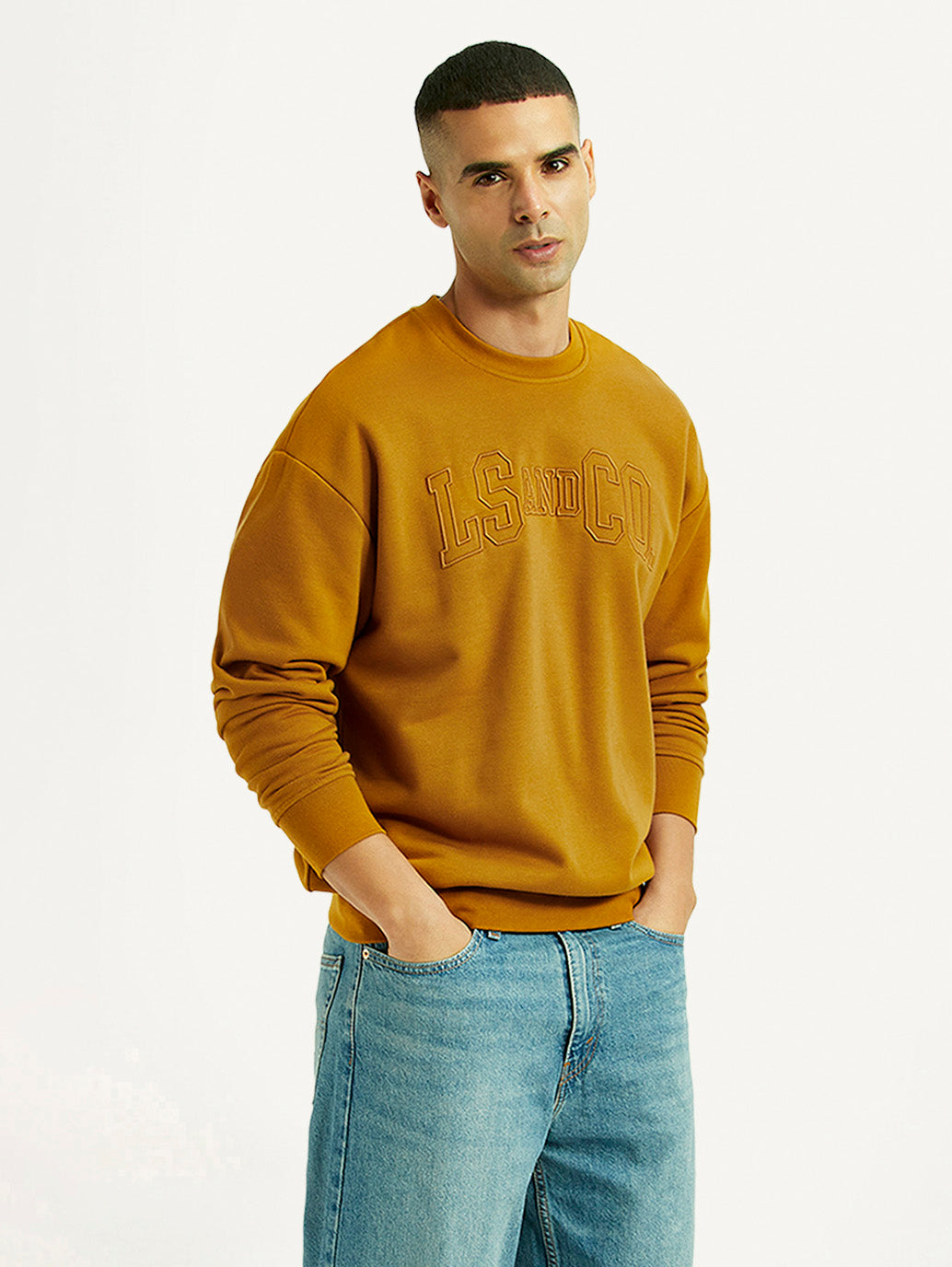 Men's Embroidered Yellow Crew Neck Sweatshirt