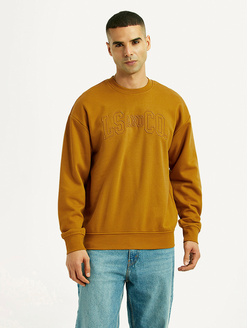 Men's Embroidered Yellow Crew Neck Sweatshirt - Front View
