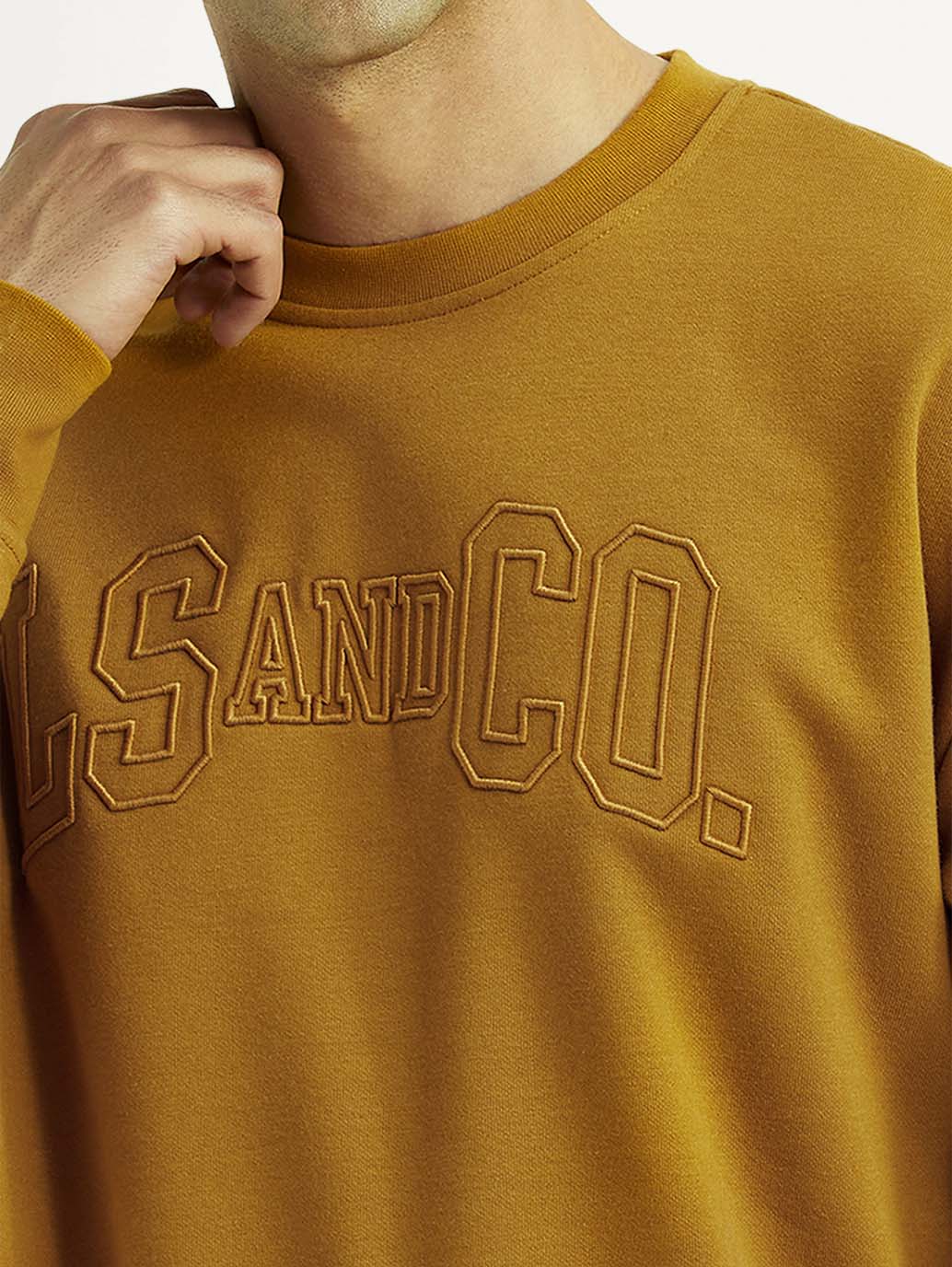 Men's Embroidered Yellow Crew Neck Sweatshirt - Detail View