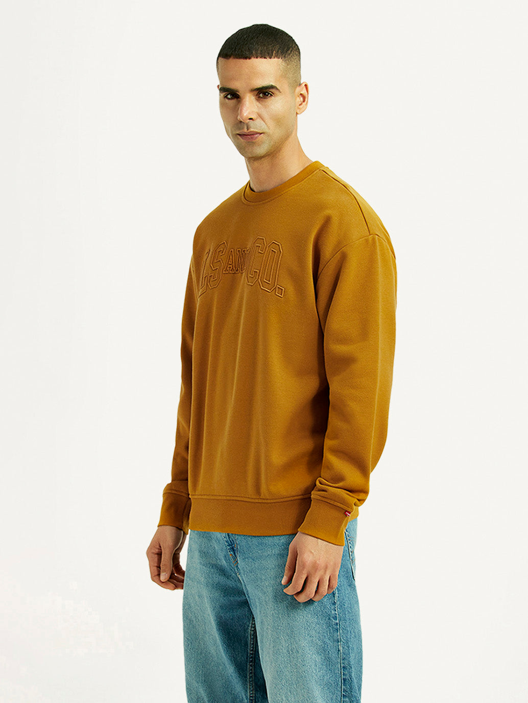 Men's Embroidered Yellow Crew Neck Sweatshirt - Side View