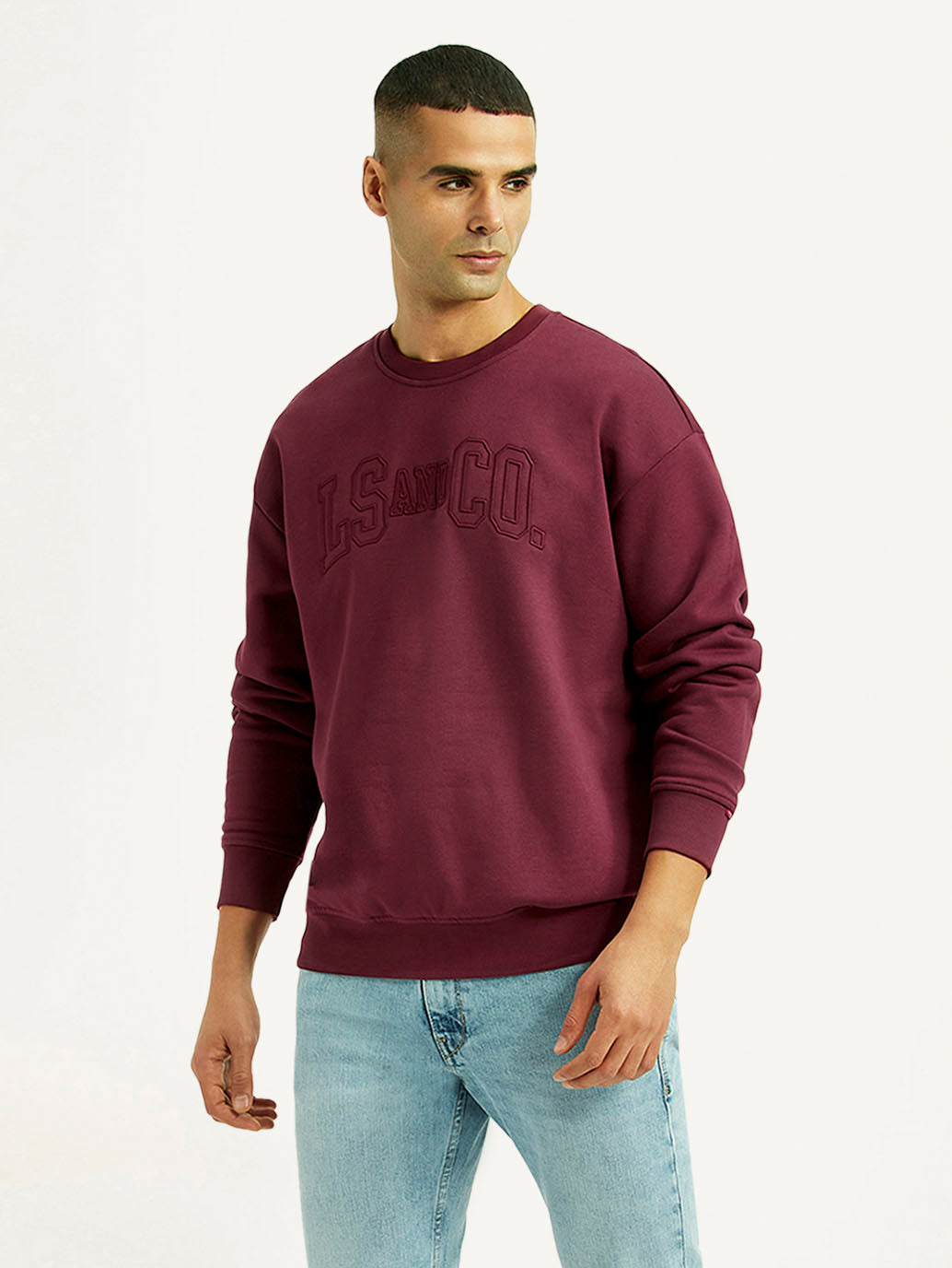 Men's Embroidered Maroon Crew Neck Sweatshirt - Styleshot View