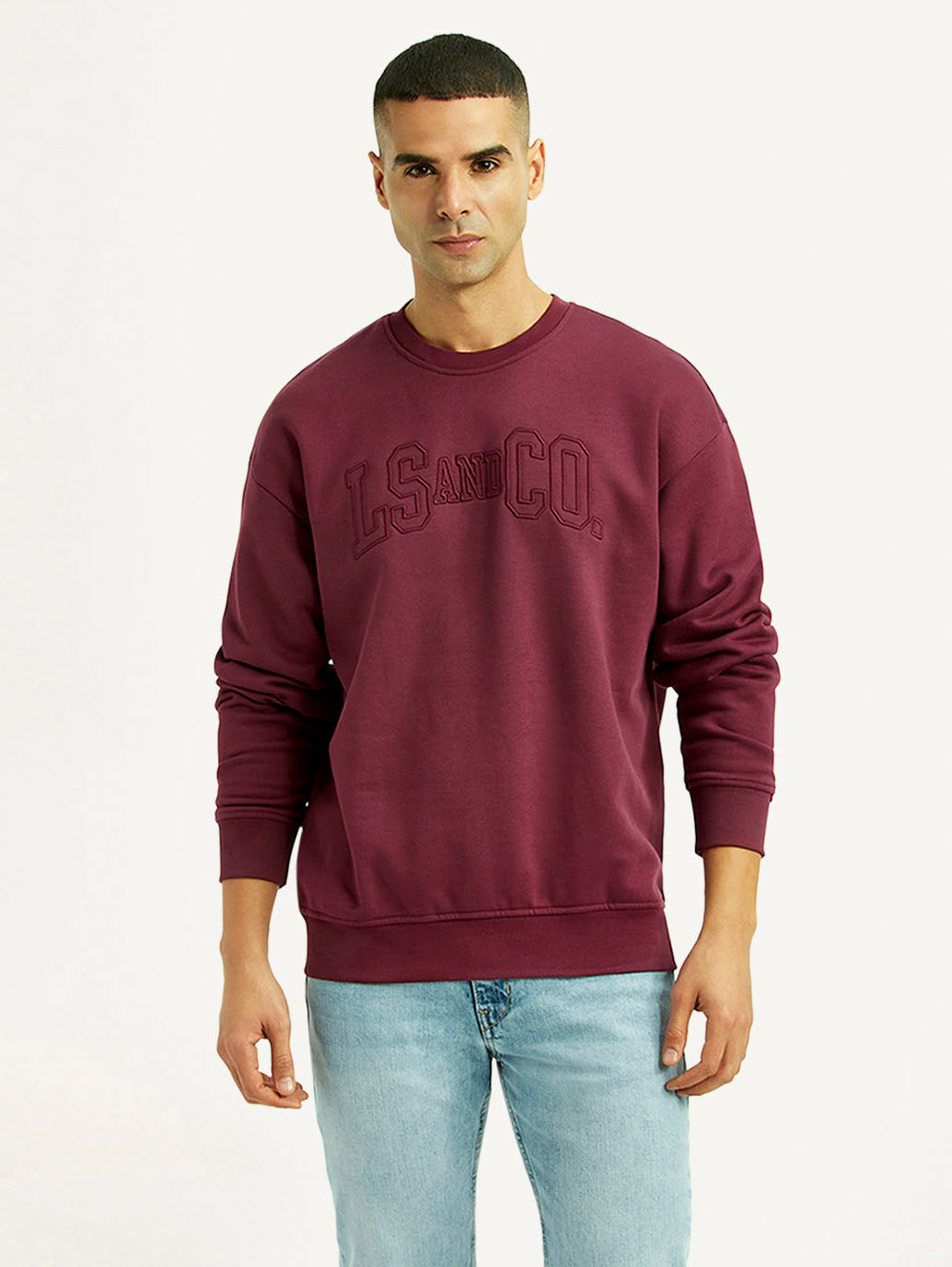 Men's Embroidered Maroon Crew Neck Sweatshirt - Front View