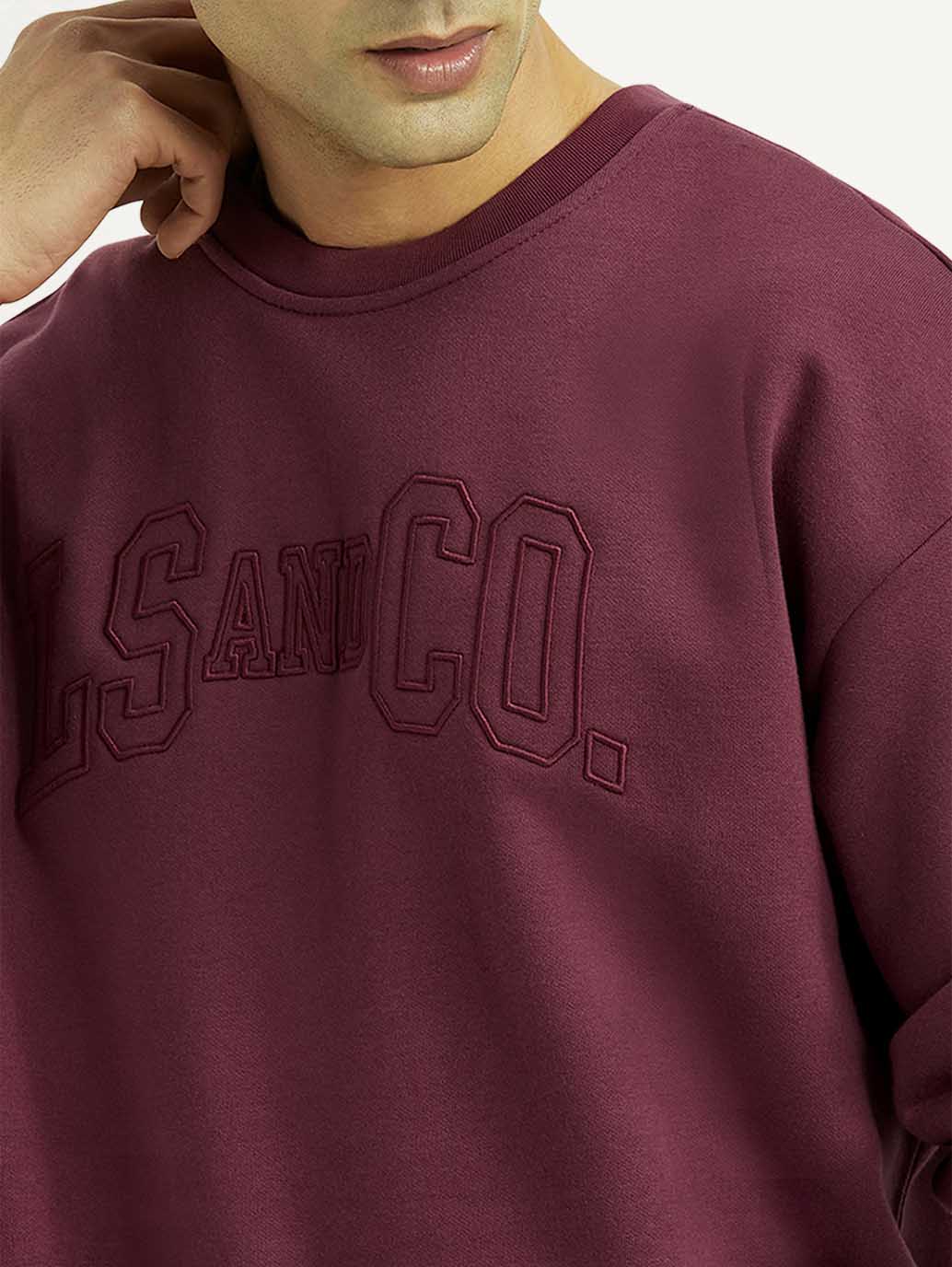 Men's Embroidered Maroon Crew Neck Sweatshirt - Detail View