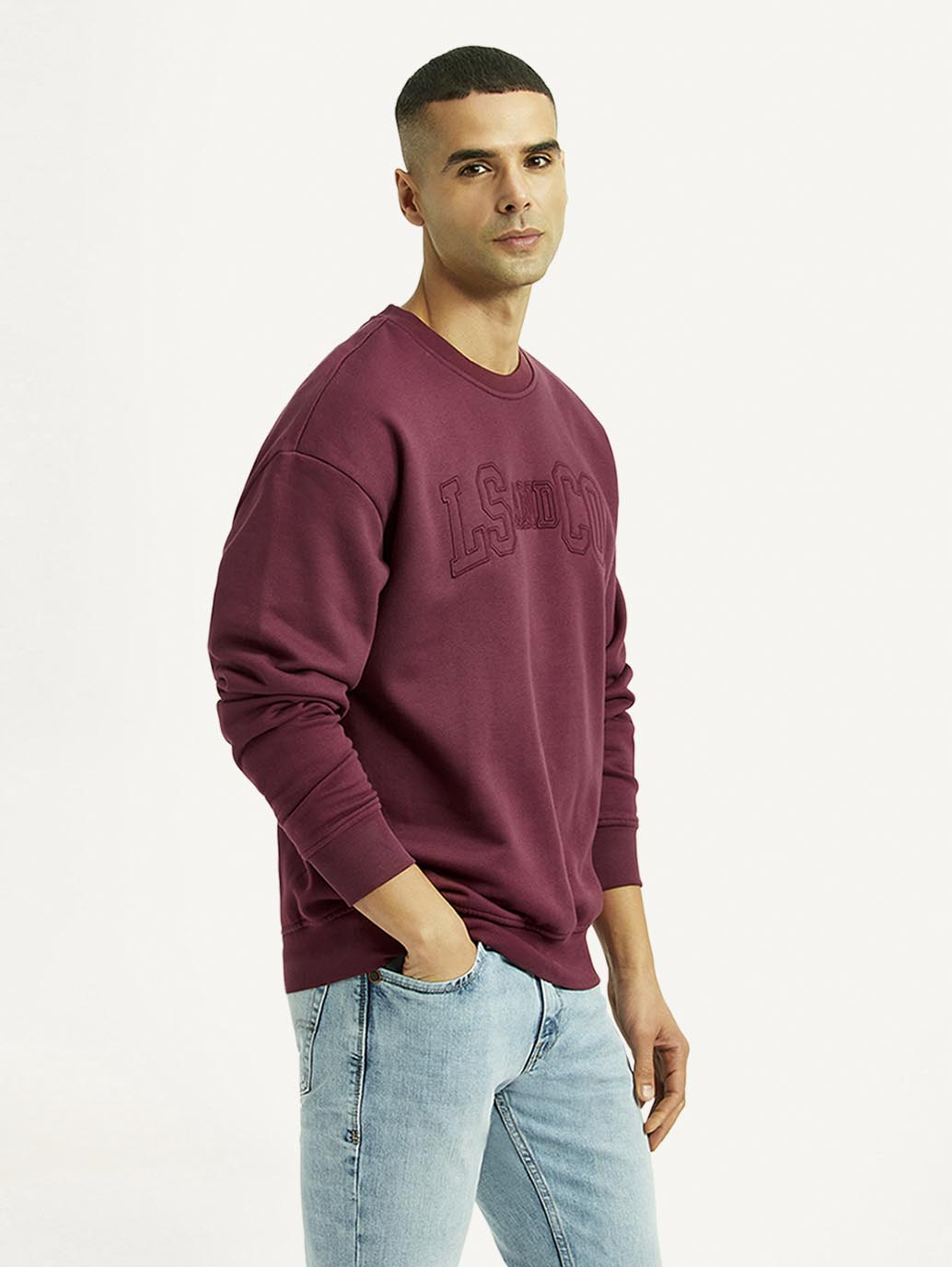 Men's Embroidered Maroon Crew Neck Sweatshirt - Side View