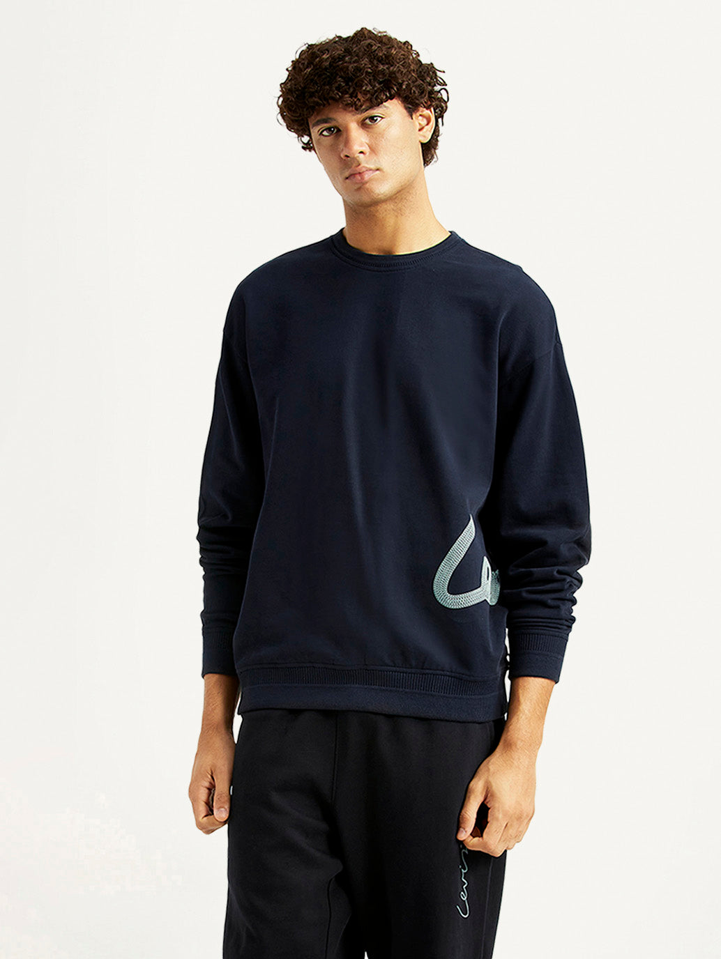 Men's Graphic Print Navy Crew Neck Sweatshirt - Styleshot View
