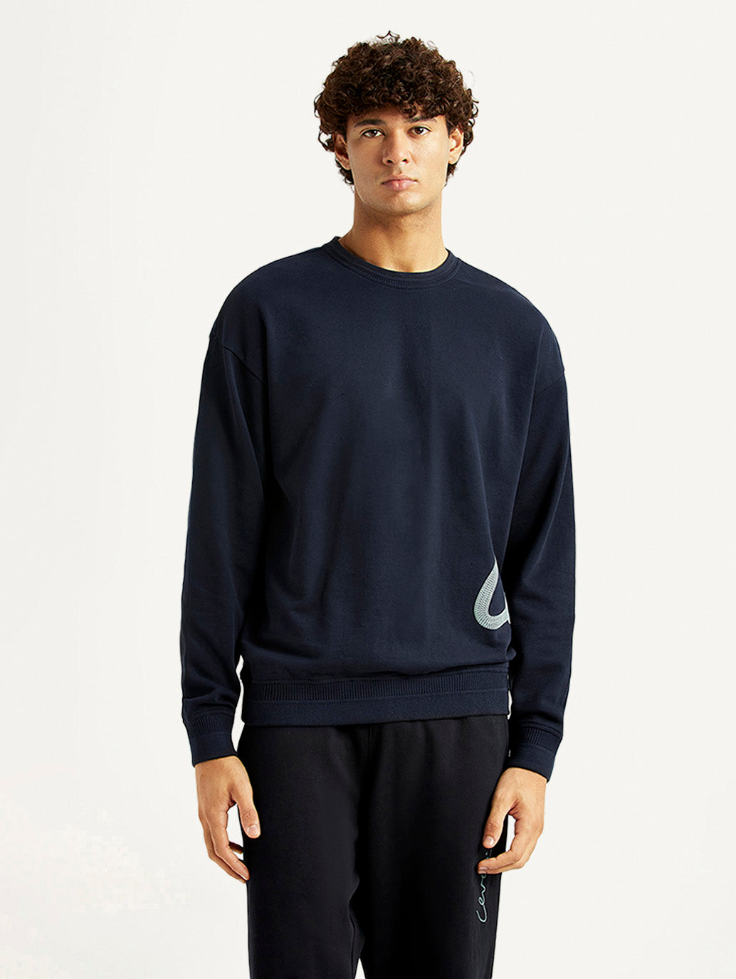 Men's Graphic Print Navy Crew Neck Sweatshirt - Front View