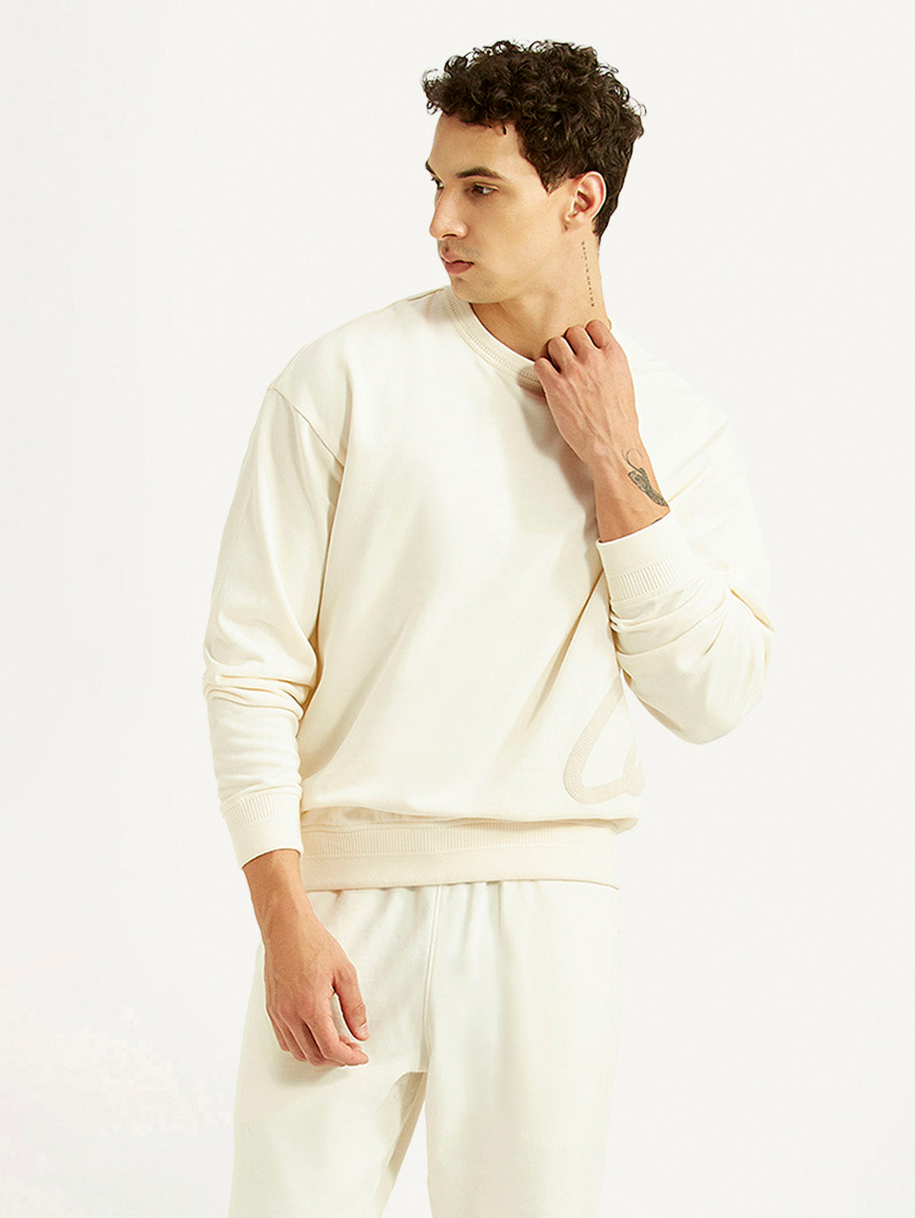 Men's Solid Off White Crew Neck Sweatshirt - Styleshot View