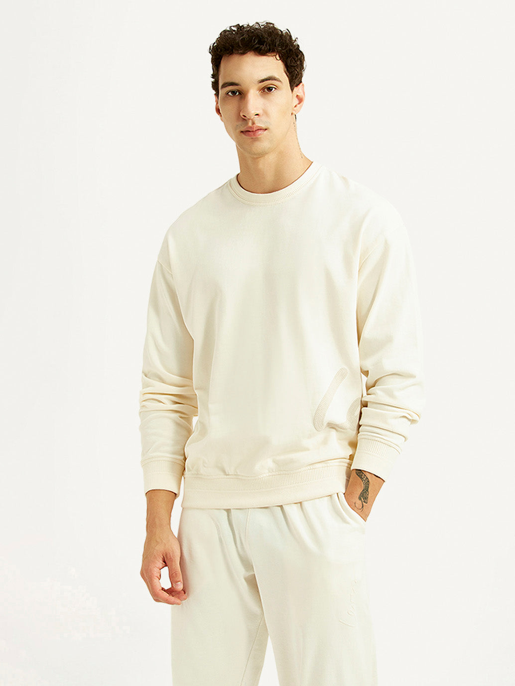 Men's Solid Off White Crew Neck Sweatshirt - Front View