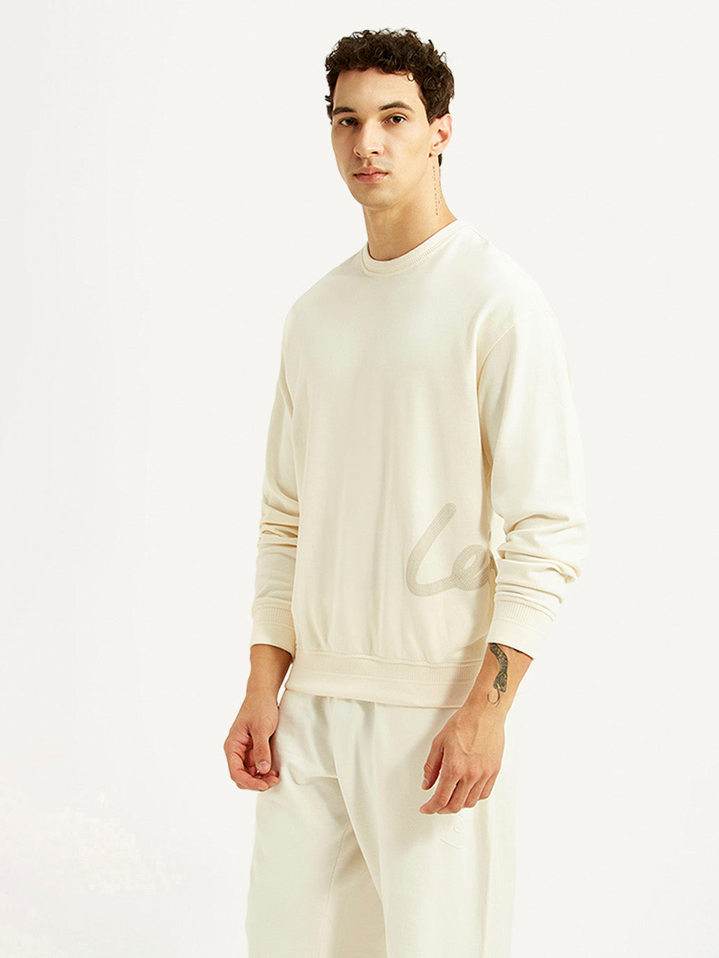 Men's Solid Off White Crew Neck Sweatshirt - Side View