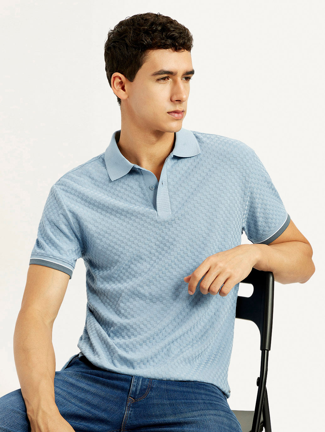 Men's Solid Light Blue Slim Fit Polo T-shirt - Elevated View