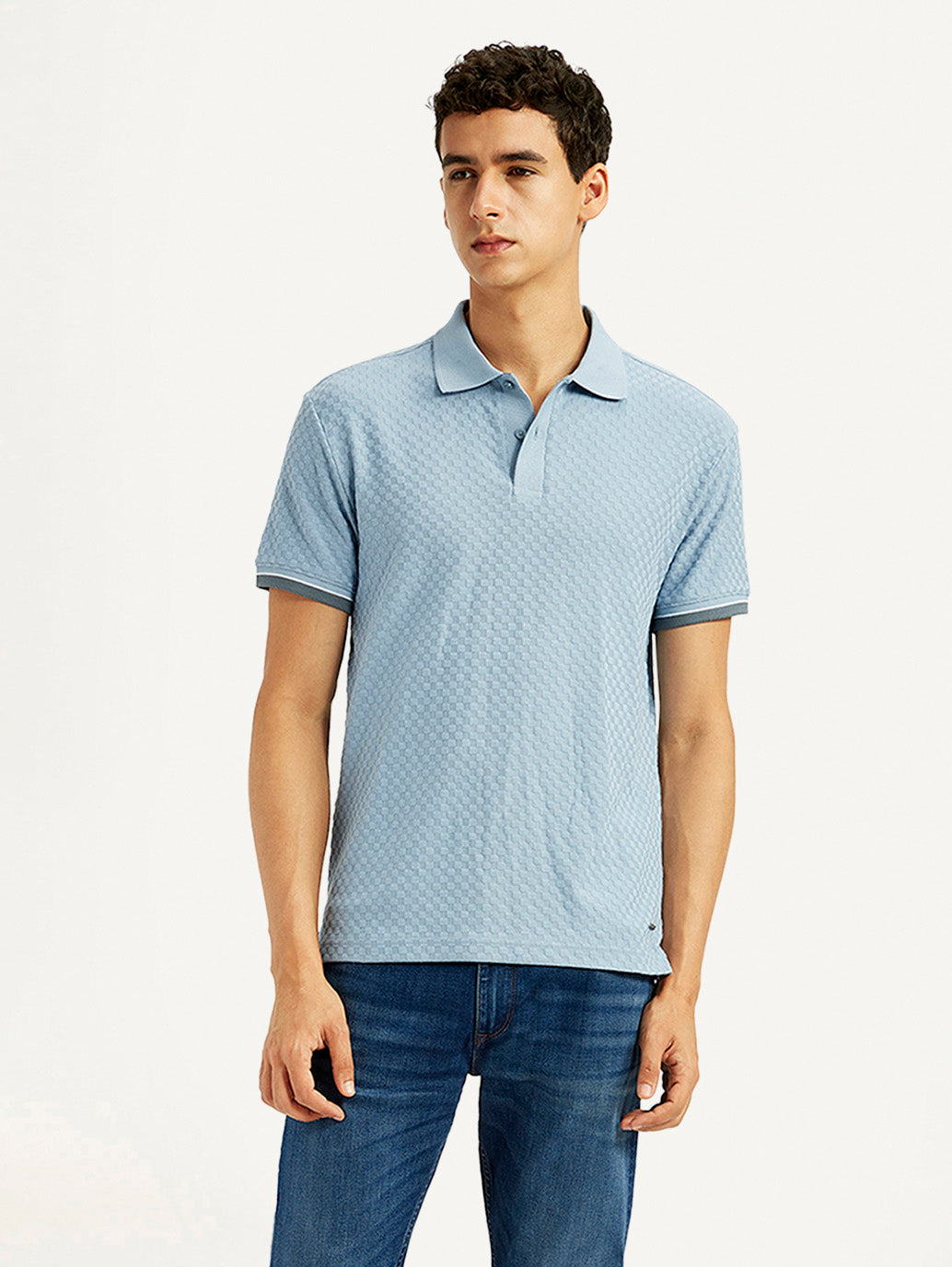 Men's Solid Light Blue Slim Fit Polo T-shirt - Styleshot View
