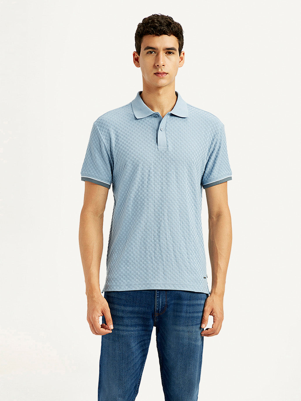 Men's Solid Light Blue Slim Fit Polo T-shirt - Front View