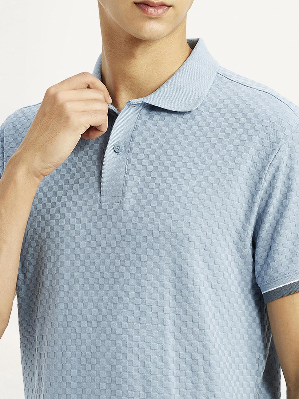 Men's Solid Light Blue Slim Fit Polo T-shirt - Detail View