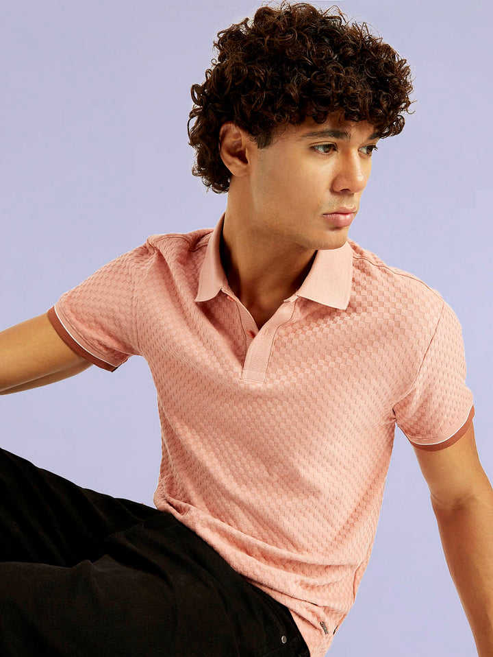 Men's Redloop Textured Pink Slim Fit Polo T-shirt