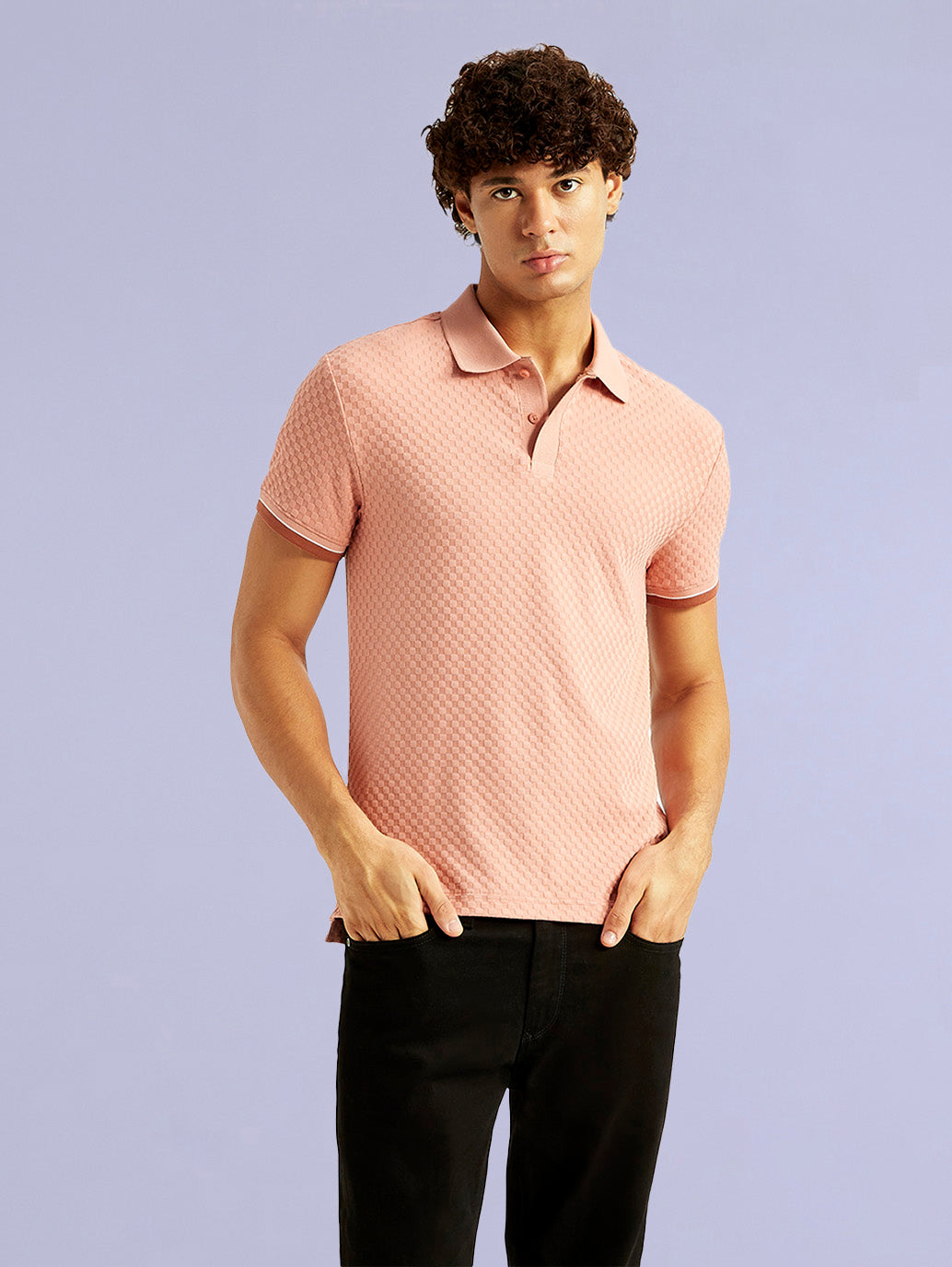 Men's Redloop Textured Pink Slim Fit Polo T-shirt - b8abbb94-1a6f-4fa0-aa1b-39875f6e633a View